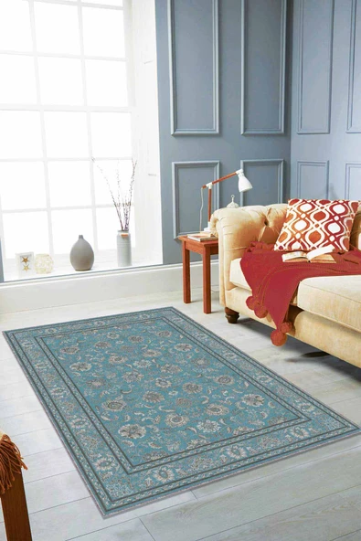 Turkuaz Vintage Kaymaz Taban Makinede Yıkanabilir Halı RV290 ürün görseli 1
