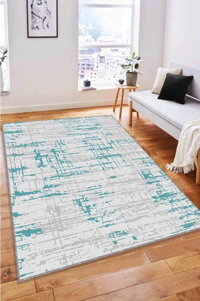 Turkuaz Vintage Kaymaz Taban Makinede Yıkanabilir Halı ES05 ürün görseli 1