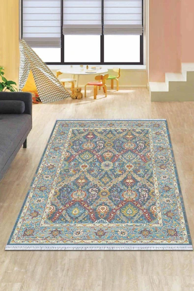 Mavi Çerçeveli Dokuma Pamuk Taban Kaymaz Kilim KLM244 ürün görseli 1