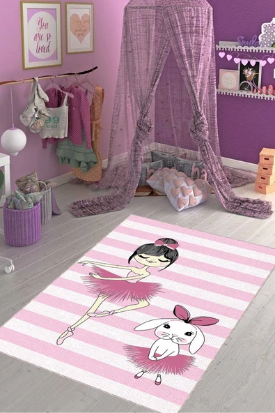 Pembe Kaymaz Tabanlı Prensesli Tavşanlı Çocuk Halısı KD114 ürün görseli 1