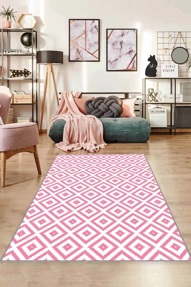 Pembe Karo Kaymaz Taban Makinede Yıkanabilir Halı KR008 ürün görseli 1