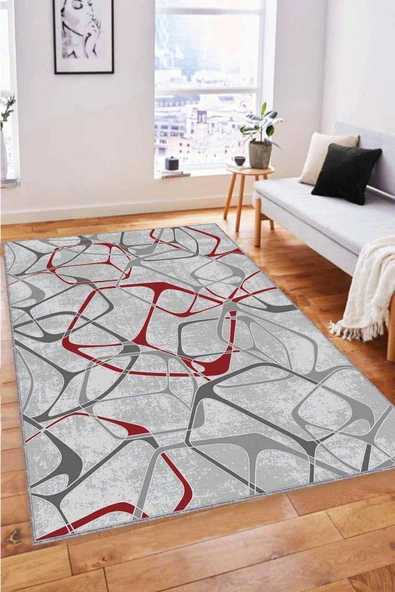 Kırmızı Geometrik Kaymaz Tabanlı Dekoratif Halı LK004 ürün görseli 1