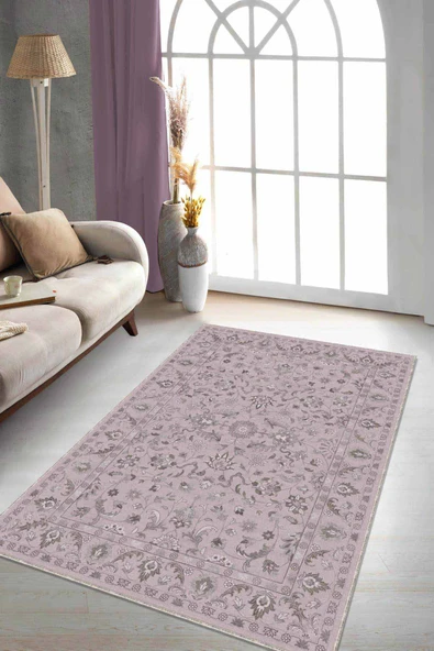 Pudra Vintage Kaymaz Tabanlı Makinede Yıkanabilir Halı RV295 ürün görseli 1
