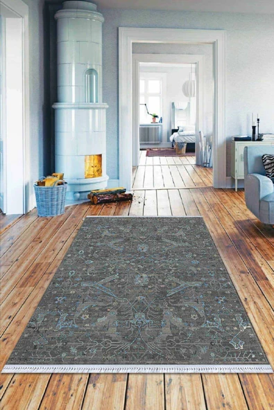 Gri Vintage Dokuma Pamuk Tabanlı Kaymaz Kilim KLM357 ürün görseli 1