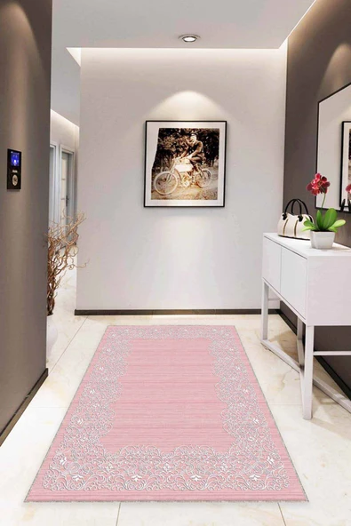 Pembe Çerçeveli Kaymaz Taban Makinede Yıkanabilir Halı MK54 ürün görseli 1