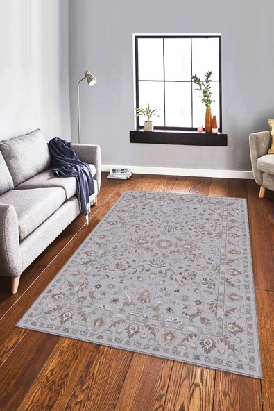 Gri Vintage Kaymaz Tabanlı Makinede Yıkanabilir Halı RV293 ürün görseli 1