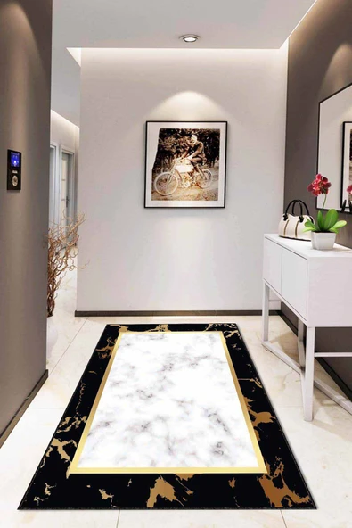 Siyah Gold Çerçeveli Kaymaz Tabanlı Dekoratif Halı AR100 ürün görseli 1