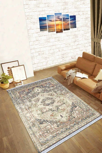 Toprak Klasik Göbekli Dokuma Pamuk Taban Kaymaz Kilim KLM040 ürün görseli 1