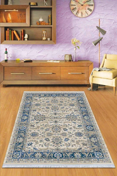 Lacivert Çerçeveli Dokuma Pamuk Taban Kaymaz Kilim KLM281 ürün görseli 1