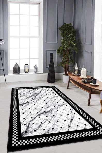Siyah Beyaz Geometrik Kaymaz Tabanlı Dekoratif Halı RV147 ürün görseli 1