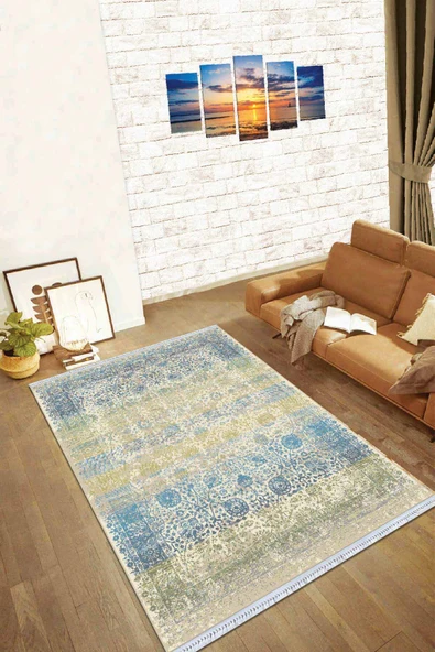 Mavi Vintage Dokuma Pamuk Tabanlı Kaymaz Kilim KLM136 ürün görseli 1