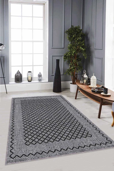 Gri Geometrik Kaymaz Tabanlı Makinede Yıkanabilir Halı RV173 ürün görseli 1