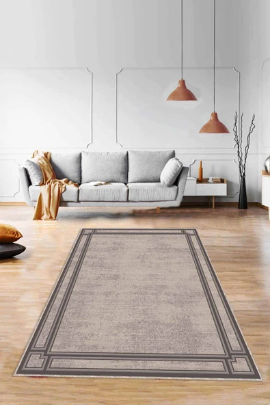 Bej Çerçeveli Kaymaz Tabanlı Makinede Yıkanabilir Halı RV055 ürün görseli 1
