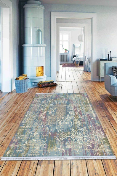 Mavi Vintage Dokuma Pamuk Tabanlı Kaymaz Kilim KLM165 ürün görseli 1