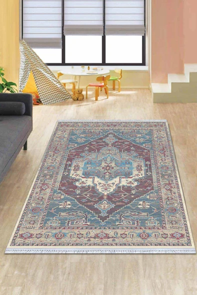 Mavi Klasik Göbekli Dokuma Pamuk Taban Kaymaz Kilim KLM274 ürün görseli 1