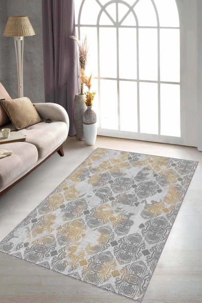 Sarı Damask Desen Kaymaz Tabanlı Dekoratif Halı AL003 ürün görseli 1