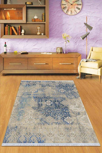 Eflatun Vintage Dokuma Pamuk Taban Kaymaz Kilim KLM258 ürün görseli 1