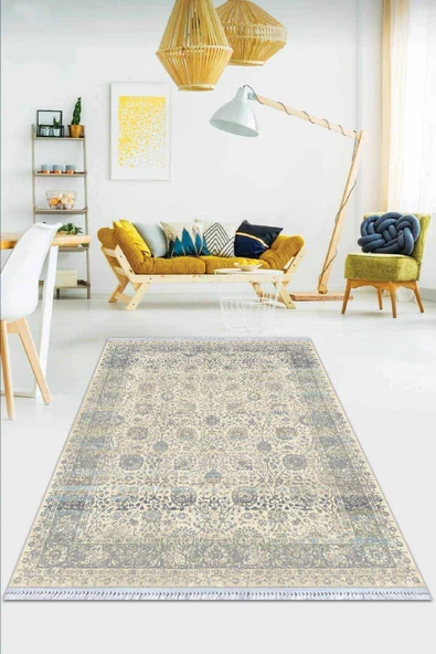 Mavi Çerçeveli Dokuma Pamuk Taban Kaymaz Kilim KLM135 ürün görseli 1