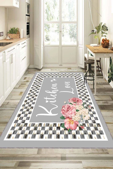 Gri Kaymaz Tabanlı Kitchen Love Mutfak Halısı Yolluk VH094 ürün görseli 1