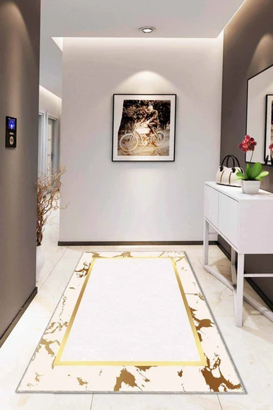 Krem Gold Çerçeveli Kaymaz Tabanlı Dekoratif Halı AR097 ürün görseli 1