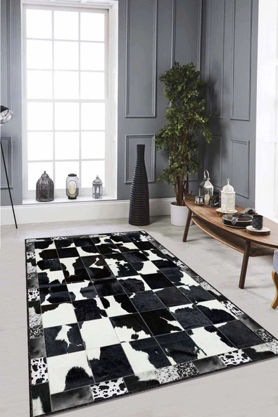 Siyah Deri Görünümlü Kaymaz Tabanlı Dekoratif Halı RV247 ürün görseli 1