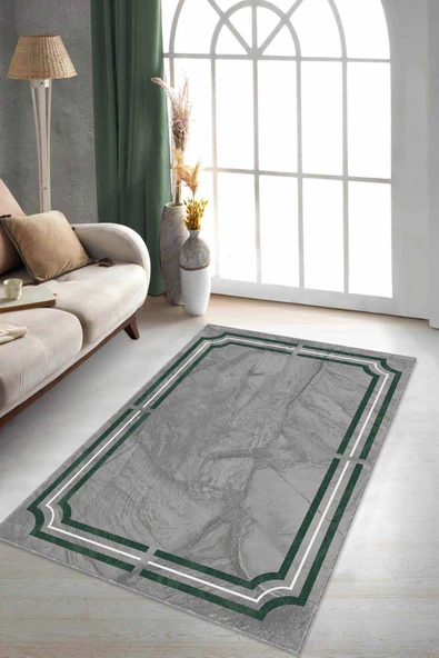 Yeşil Çerçeveli Kaymaz Taban Makinede Yıkanabilir Halı RV068 ürün görseli 1