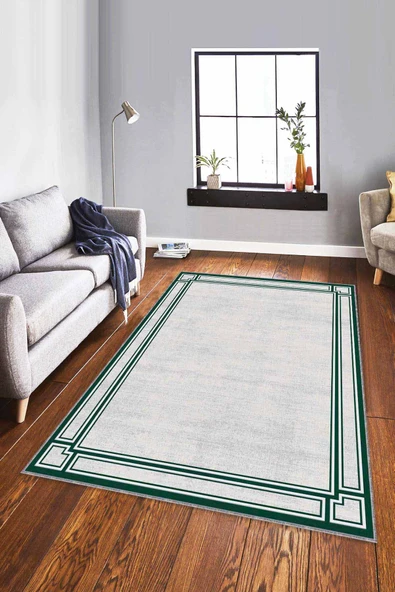 Yeşil Çerçeveli Kaymaz Taban Makinede Yıkanabilir Halı RV056 ürün görseli 1