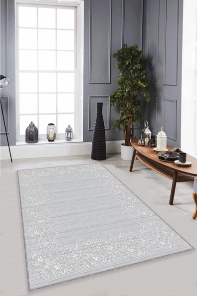 Gri Çerçeveli Kaymaz Tabanlı Makinede Yıkanabilir Halı MK53 ürün görseli 1
