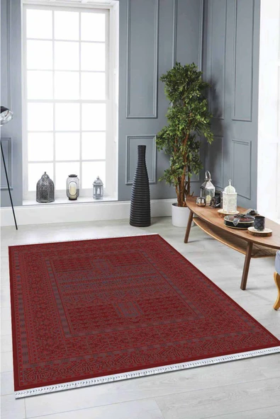 Bordo Yöresel Dokuma Pamuk Tabanlı Kaymaz Kilim KLM322 ürün görseli 1
