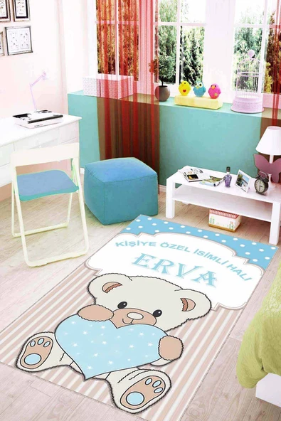 Mavi Kaymaz Tabanlı Bebek Halısı Ayıcıklı İsimli Halı KD02 ürün görseli 1