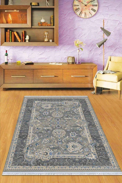 Gri Çerçeveli Dokuma Pamuk Tabanlı Kaymaz Kilim KLM286 ürün görseli 1