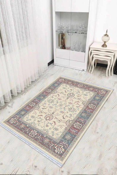 Pembe Çerçeveli Dokuma Pamuk Taban Kaymaz Kilim KLM173 ürün görseli 1