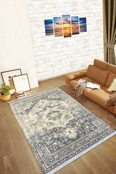 Krem Klasik Göbekli Dokuma Pamuk Taban Kaymaz Kilim KLM041 ürün görseli 1