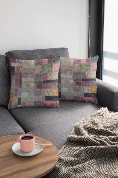 Çok Renkli Patchwork Çift Taraflı Kırlent Kılıfı KRL346 - Resim 3