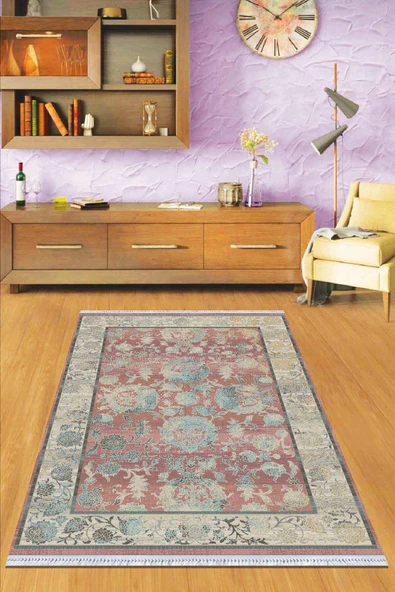 Pembe Çerçeveli Dokuma Pamuk Taban Kaymaz Kilim KLM094 ürün görseli 1