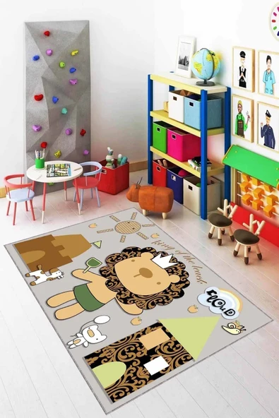 Bej Kaymaz Tabanlı Yıkanabilir Aslanlı Çocuk Halısı KD033 ürün görseli 1