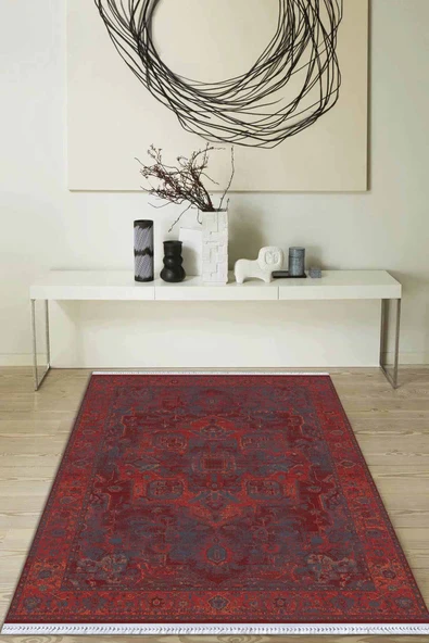 Bordo Yöresel Dokuma Pamuk Tabanlı Kaymaz Kilim KLM353 ürün görseli 1