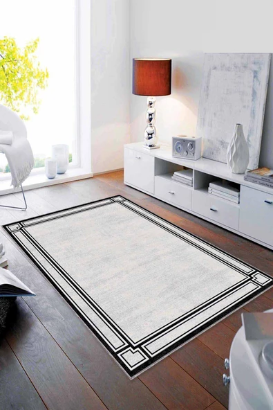 Gri Çerçeveli Kaymaz Tabanlı Makinede Yıkanabilir Halı RV053 ürün görseli 1