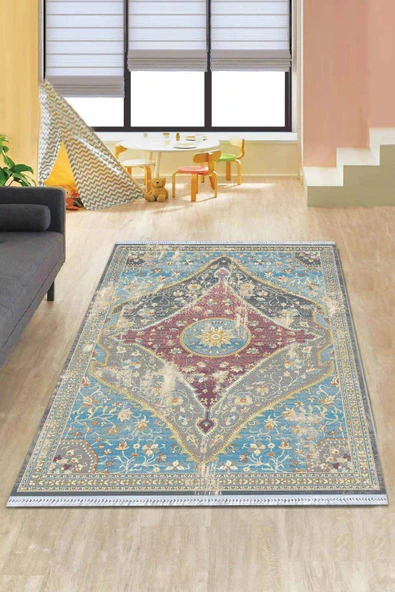 Mavi Klasik Göbekli Dokuma Pamuk Taban Kaymaz Kilim KLM255 ürün görseli 1
