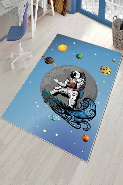 Mavi Kaymaz Taban Uzay Temalı Astronotlu Çocuk Halısı AR1007 ürün görseli 1