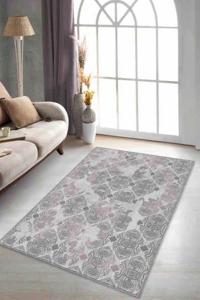 Pembe Damask Desen Kaymaz Tabanlı Dekoratif Halı AL004 ürün görseli 1