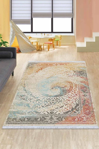 Çok Renkli Vintage Dokuma Pamuk Taban Kaymaz Kilim KLM091 ürün görseli 1
