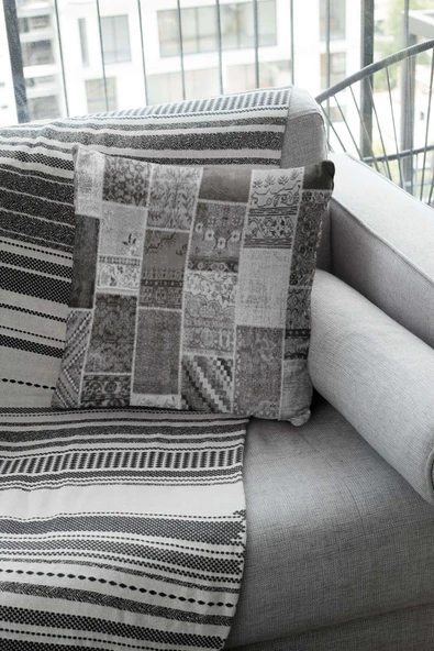 Gri Patchwork Çift Taraflı Yastık Kırlent Kılıfı KRL292 - Resim 2