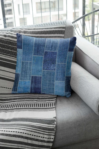 Mavi Patchwork Çift Taraflı Yastık Kırlent Kılıfı KRL297 - Resim 2