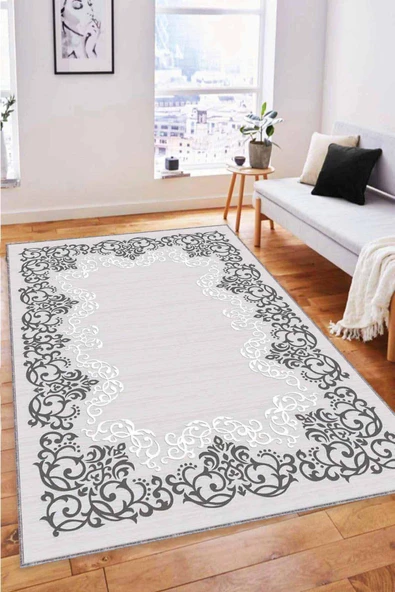 Gri Çerçeveli Kaymaz Tabanlı Makinede Yıkanabilir Halı MK59 ürün görseli 1