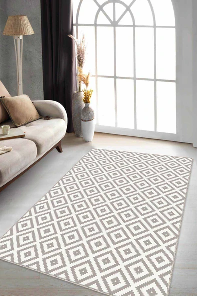 Bej Karo Desen Kaymaz Taban Makinede Yıkanabilir Halı RV184 ürün görseli 1