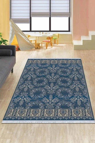 Mavi Vintage Dokuma Pamuk Tabanlı Kaymaz Kilim KLM221 ürün görseli 1