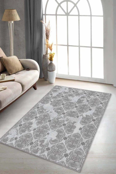 Kahverengi Damask Desen Kaymaz Tabanlı Dekoratif Halı AL002 ürün görseli 1