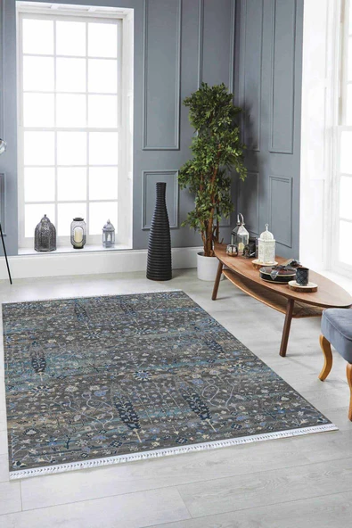 Antrasit Vintage Dokuma Pamuk Taban Kaymaz Kilim KLM197 ürün görseli 1