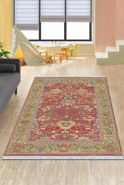 Pembe Çerçeveli Dokuma Pamuk Taban Kaymaz Kilim KLM214 ürün görseli 1